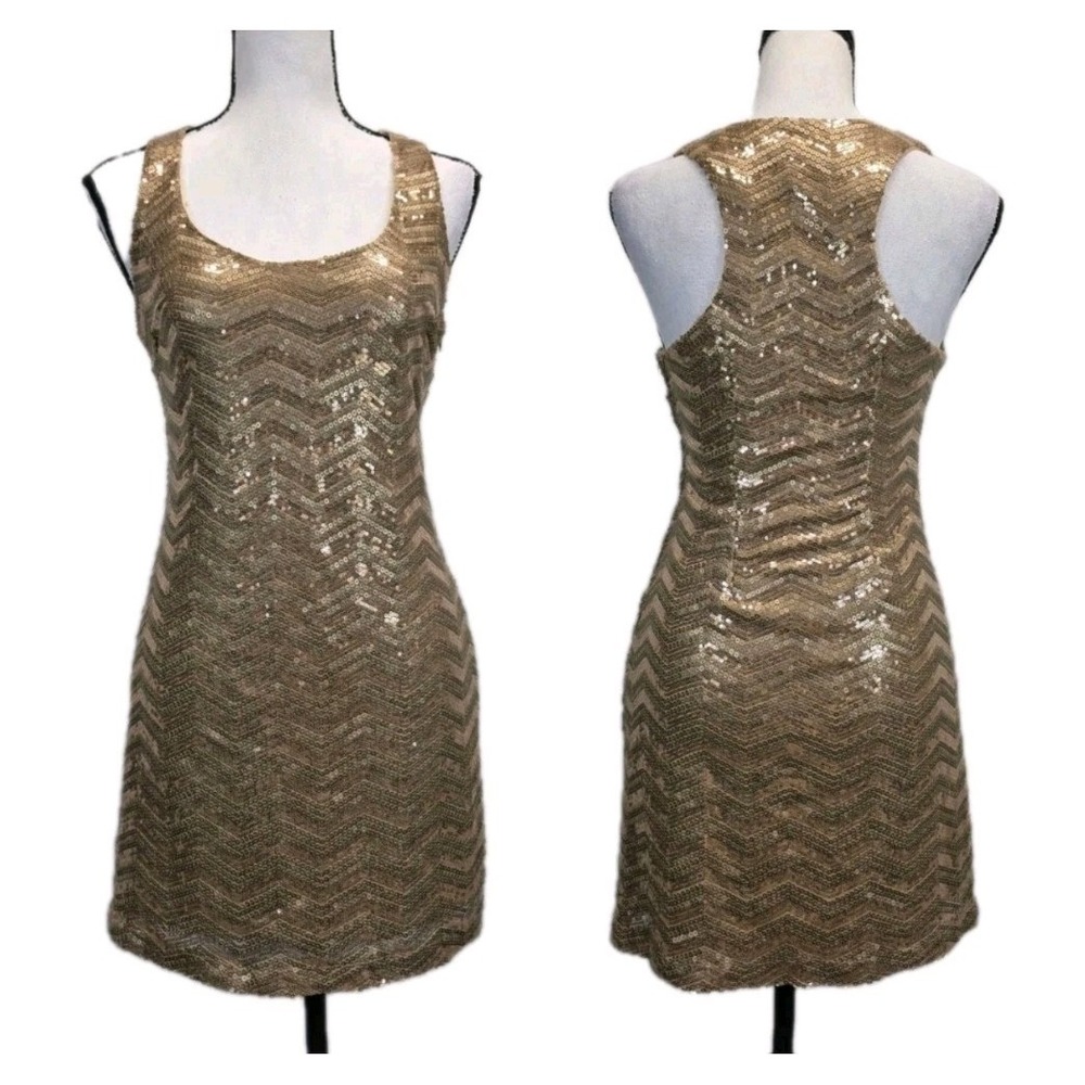 Vtg B Darlin Mini Sequin Dress Sz 5/6 Gold Party Club Disco Glam Going Out 3153